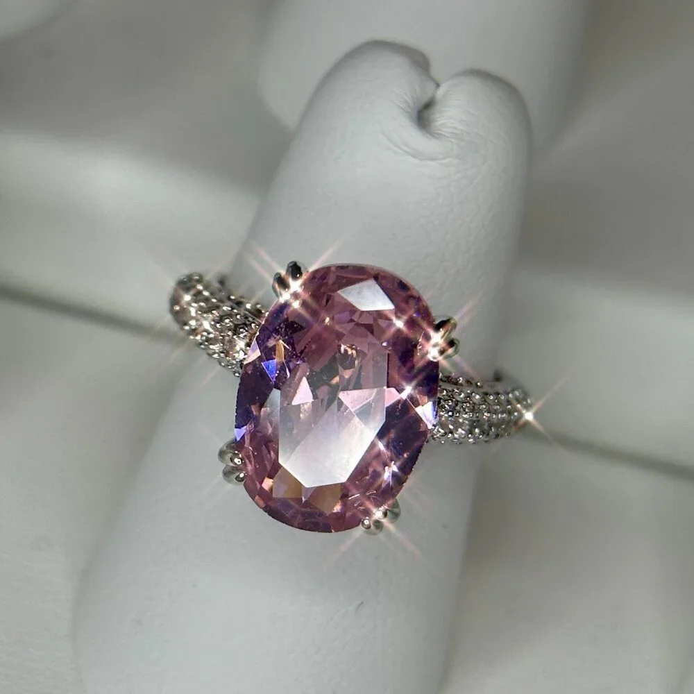 Pink Solitaire Gemstone Ring w/ Clear Accents Silver Plated Engagement size 7 - Picture 5 of 11